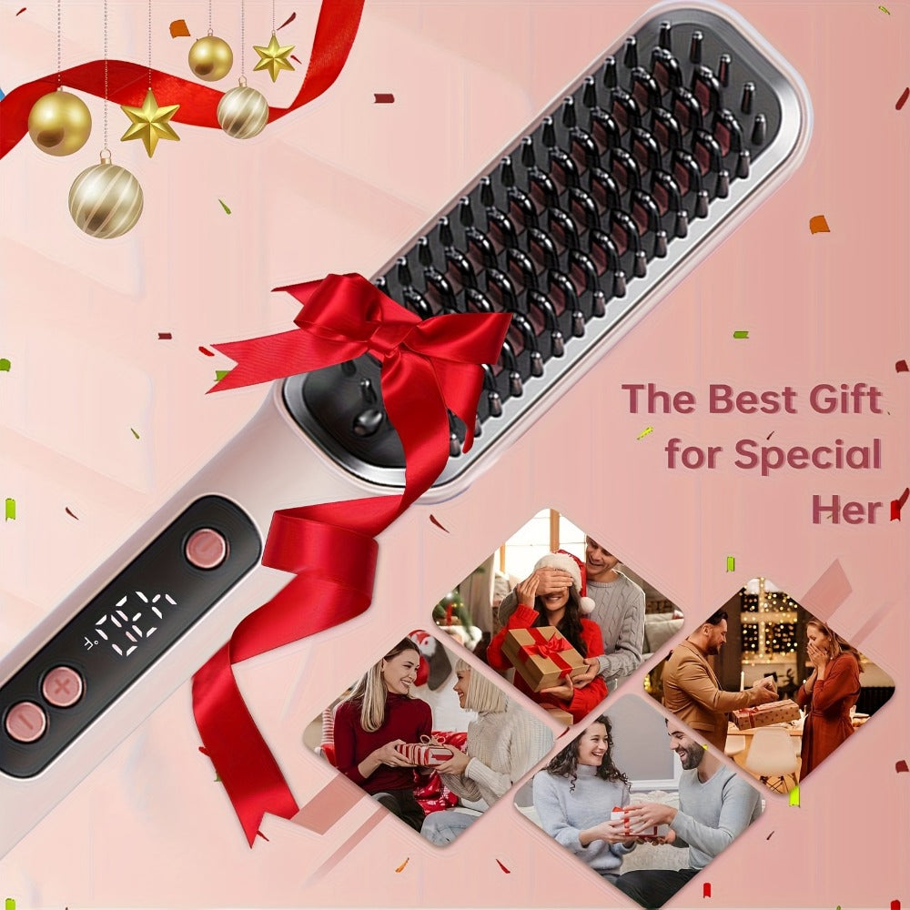 Hair Straightener Brush, 10s Fast Hair Straightener Comb Straightening Brush for Women, LCD Display, 5 Temps Flat Iron Brush, Anti-Scald (Includes Two Extra Clips And One Comb)