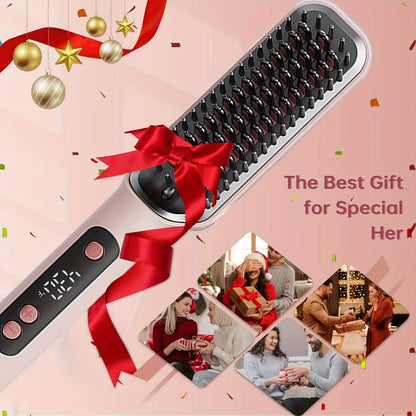 Hair Straightener Brush 10s Fast Heat LCD Display – 5 Temperature Flat Iron Comb Anti-Scald Straightening Brush for Women with 2 Clips & Comb – White, Grey, Purple