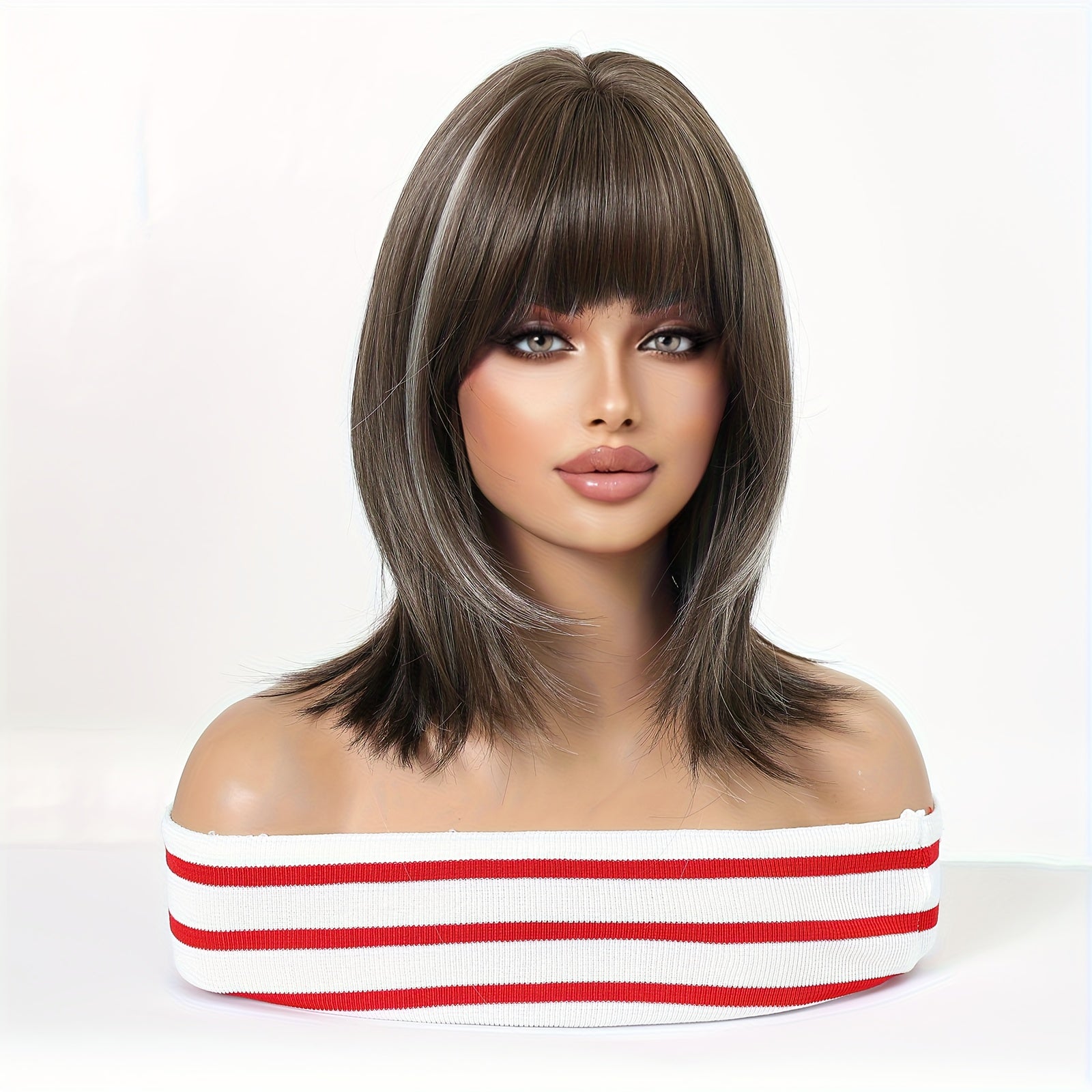 14 Inch Women'S Elegant Gradient Brown Dye Ticked Qi Liu Hair Layered Hair Chemical Fiber Wig, Rose Hairnet High Temperature, Suitable for Various Occasions