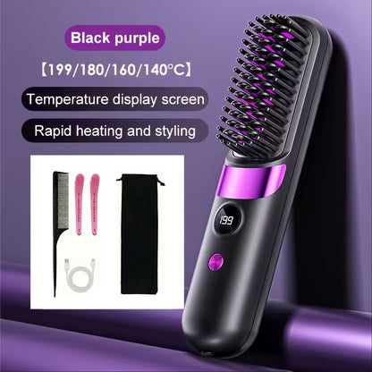 Cordless Hair Straightening Brush Portable Heated Straightener Comb USB Rechargeable Mini Travel Hair Straightener with Heat Protection for Women Men Beard Daily Use Gift
