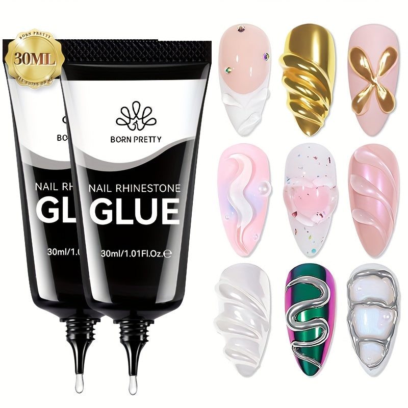 BORN PRETTY Nail Rhinestone Glue 1.01oz 2pcs Gel Nail Glue for Nail Charm 3D Nails Bling Gel for Decoration Nails Gems Nail Supplies
