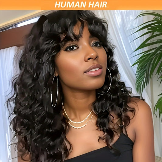 [Water Wave Wig] Elegant Water Wave Wig With Bangs For Woman Glueless Wigs Remy Human Hair, Full Machine Made, Non-Lace, Rose Net Cap, Ideal For Daily Wear & Parties
