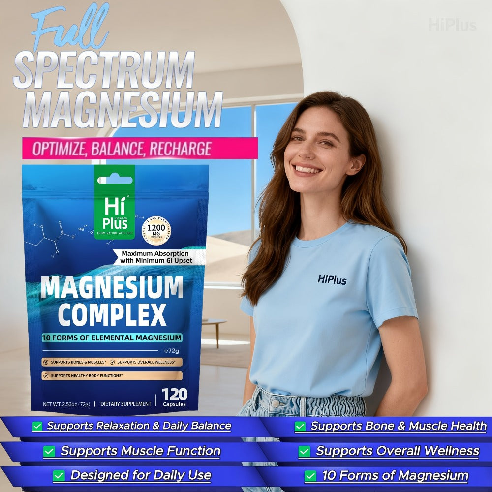 10-in-1 Magnesium Glycinate Complex (1200mg) - Full Spectrum High Absorption Blend - Supports Deep Sleep, Calm - Heart, Bone & Nerve Health - Gentle On Stomach - Vegan Supplement (120 Caps) By HiPlus