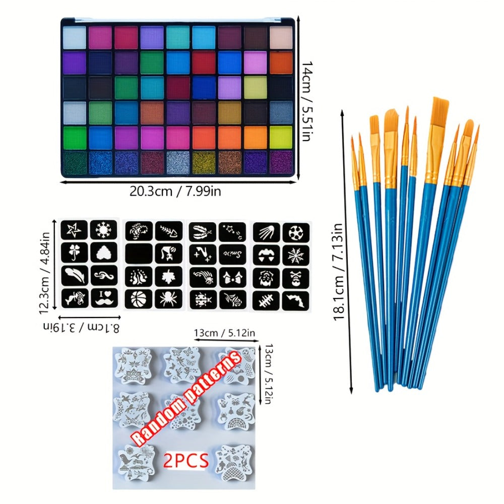 Face Body Paint Set 54 Colors — Matte, UV Fluorescent & Glitter Palette with Pattern Templates, Brushes & Tattoo Stickers for Sports, Cheerleading, Festivals & Parties