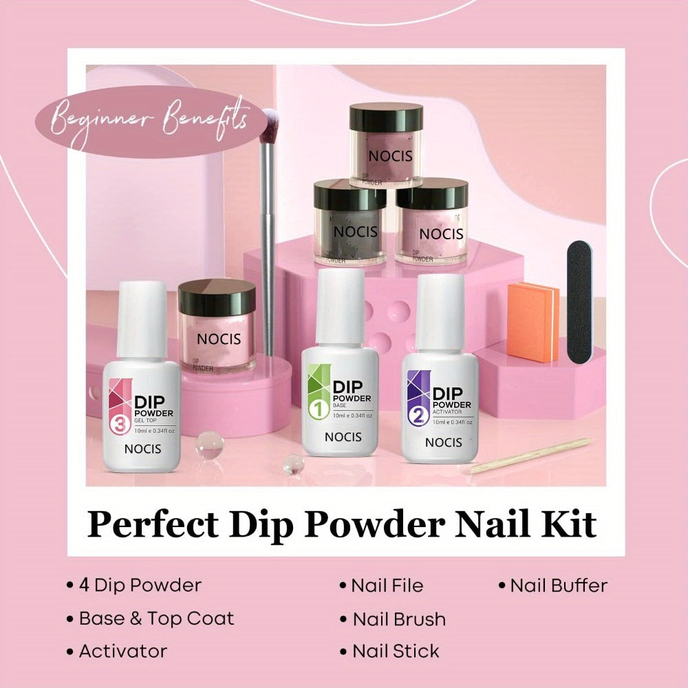 11pcs Dip Powder Nails Kit Starter – Perfect for French Manicures & Salons – 4 Colors, Base & Top Coat, And Nail Tools!