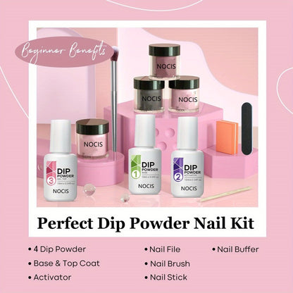 Dip Powder Nail Kit 11pcs Complete Set - 4 Colors Nude Grey Pink No Lamp Base Coat Top Coat Activator Nail Tools French Manicure Home Salon