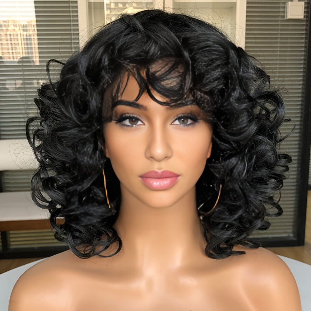 Short Curly Wig with Bangs Jerry Curl Synthetic Lace Front Wig 14 Inch Heat Resistant 13x1 Lace Wig for Women Daily Wear Cosplay Dark Brown Copper Red Dark Wine