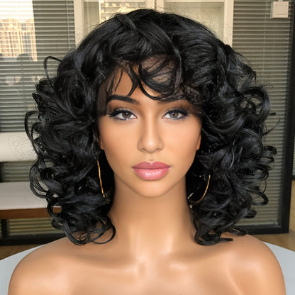 Short Curly Wig with Bangs Jerry Curl Synthetic Lace Front Wig 14 Inch Heat Resistant 13x1 Lace Wig for Women Daily Wear Cosplay Dark Brown Copper Red Dark Wine