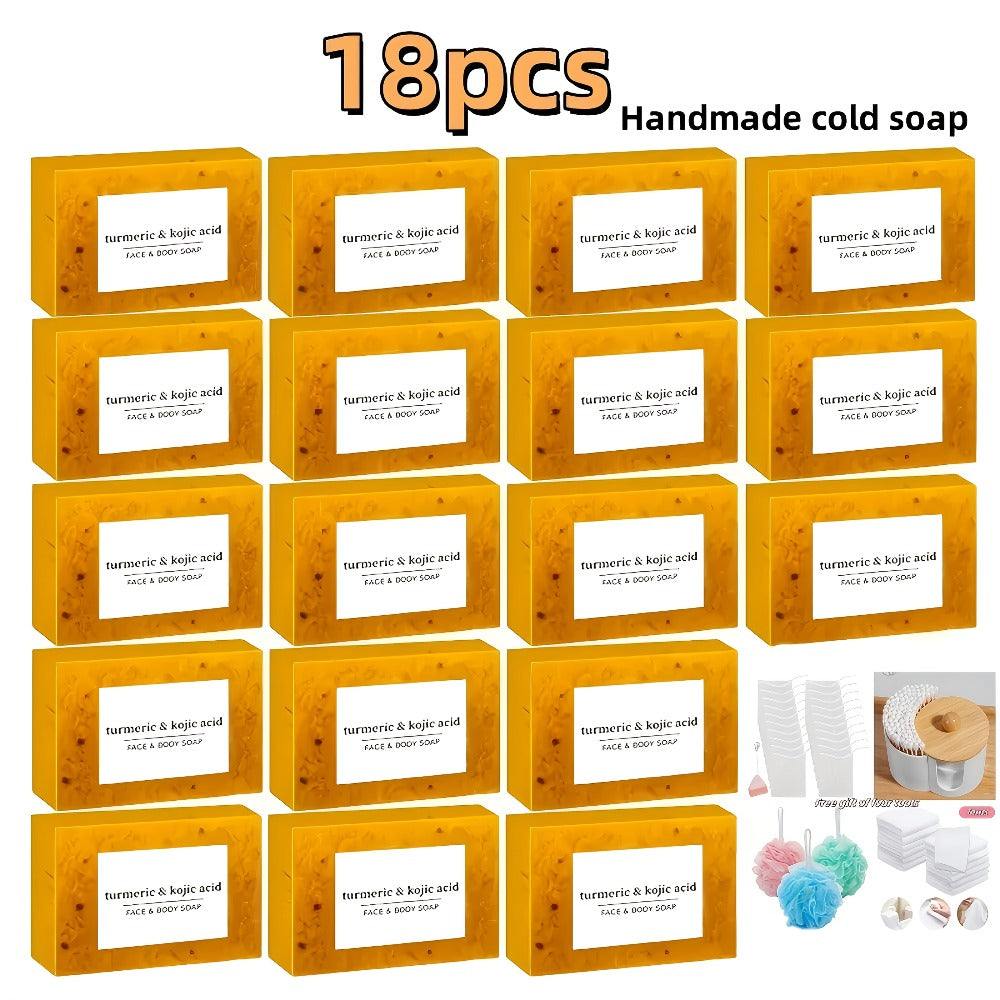 6/12/18pcs Handmade Cold - Processed Turmeric, Lemon & Kojic Acid Soaps For Cleansing - ForFace & Body -Foaming Net Included+Dopamine Bath Ball+ Swab+Towel. Deeply Cleanses, Hydrates, And Suits All Skin Types. Free Gift Of Four Tools.Bye, Dirt!