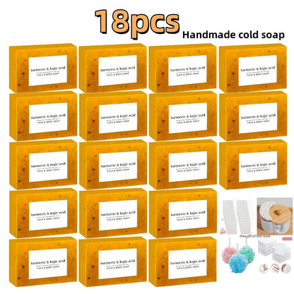 Kojic Acid Soap Set – Handmade Turmeric & Lemon Cold-Processed Bars for Face & Body, Deep Cleansing & Hydrating, All Skin Types, Includes Foaming Net & Bath Tools