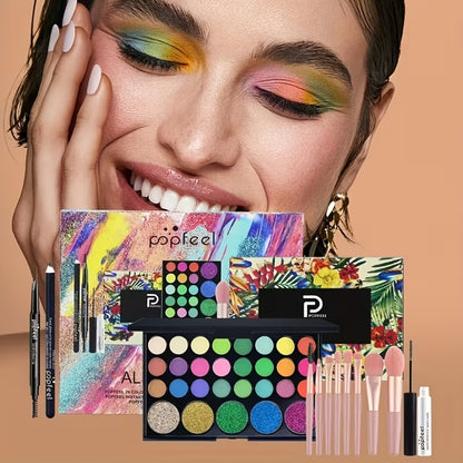 Full Makeup Gift Set — Complete Kit with Eyeshadow Palette Mascara Eyebrow Pencil Highlighter Powder & Brushes | Berry Tones | All Skin Types