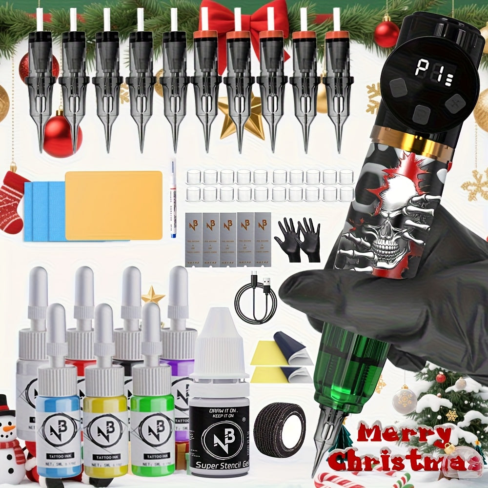 Cordless Tattoo Kit Complete Set - Tattoo Gun with 1100mAh Battery, 10 Needles, 7 Ink Bottles, Professional Tattoo Machine Starter Kit for Beginners & Artists