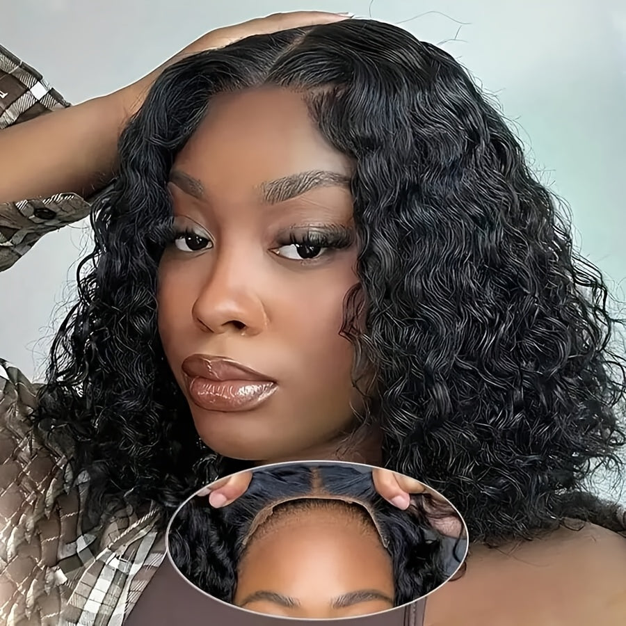 Bouncy Short Curly Bob Wig 12 Inch Brazilian Human Hair Deep Wave Glueless Wigs Pre Plucked Pre Cut 4x4 Lace Front Bob Wigs for Women Beginner Friendly Easy to Wear for Daily Wear & Cosplay & Parties & Music Festival & Christmas Party Wig