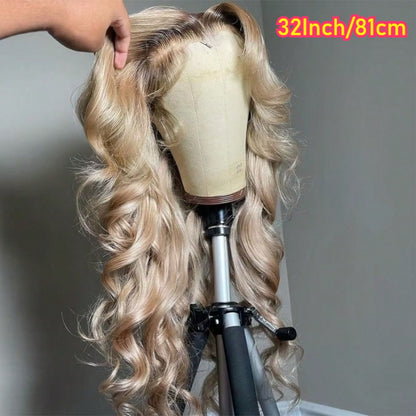 HD Lace Front Wig Long Wavy Synthetic 13x4 200% Density Glueless Pre-Plucked Ombre Blonde Blue Mixed Color Women Party 32 Inch