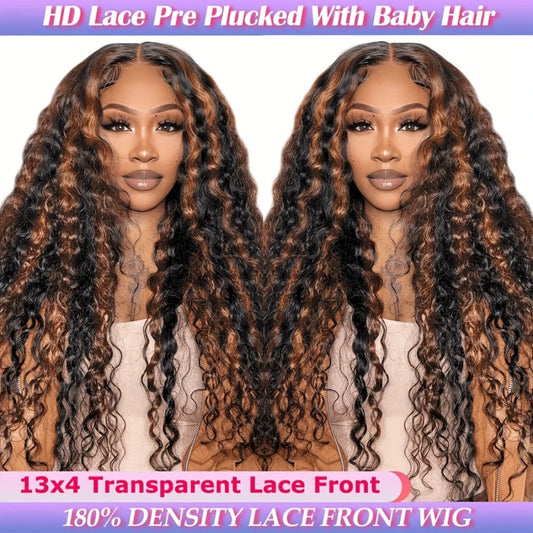 [Human Hair Wigs] High Gloss Lace Front Wig, Human Hair 1B/30 Black And Brown Deep Wavy Wig, Glueless Wig, Human Hair Pre-cut 13x4, High Definition Lace Front Wig, Human Hair Pre-plucked Baby Hair Wigs Perfect for Everyday And Special Events