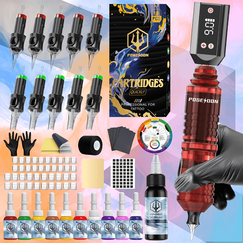 Wireless Tattoo Pen Kit Cordless Tattoo Gun with Power Supply 10 Cartridge Needles 6 Color Inks LCD Screen - Complete Tattoo Kit for Beginners & Artists