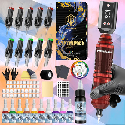 Wireless Tattoo Pen Kit Cordless Tattoo Gun with Power Supply 10 Cartridge Needles 6 Color Inks LCD Screen - Complete Tattoo Kit for Beginners & Artists