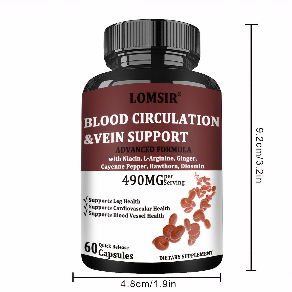 Blood Circulation Supplement, Supports Leg Vein, Heart, Vessels And Cardiovascular Health with Niacin, L-Arginine, Ginger, Cayenne Pepper, Hawthorn, Diosmin, Blood Flow Pills - 60 Capsules