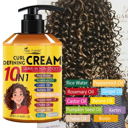 Curl Defining Cream Leave-In Moisturizing Styling Cream 10-in-1 Anti-Frizz Hydrating Conditioner for Curly Wavy Natural Hair Unisex 280ml