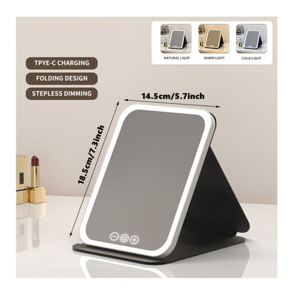 LED Makeup Mirror Folding with Touch Screen - USB Rechargeable Portable Vanity Mirror, Tri-Color Dimmable Lighting, Travel Desk Tabletop Use, Square or Round, Pink or White
