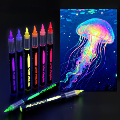 Face Body Paint Pen Set 8 Colors with 105 Tattoo Stencils - Glow in the Dark Neon Face Paint Easy Apply for Party Halloween Festival Stage Body Art