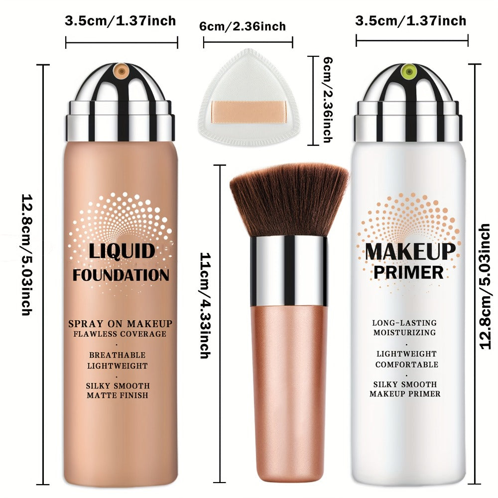 Liquid Foundation & Primer Set — Long-Lasting Silky Smooth Formula | CC Cream BB Cream | Mature Skin | 4 Shades: Natural Beige Nude Porcelain