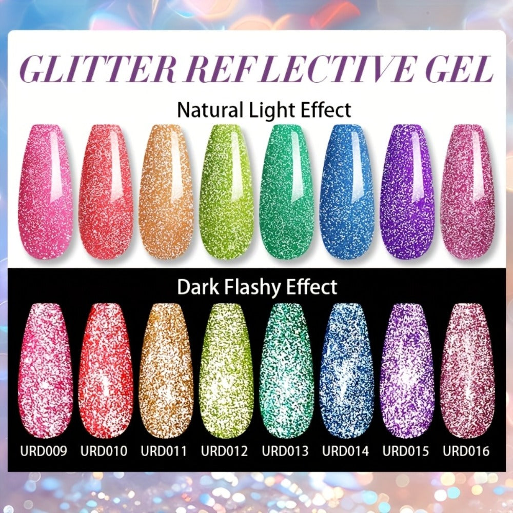 UR SUGAR 0.51oz Shiny Reflective Gel Nail Polish Fluorescent Dark Flashy Shinning Glitter Semi Permanent Nail Art Neon Soak Off LED Lamp Gel Varnish Manicure