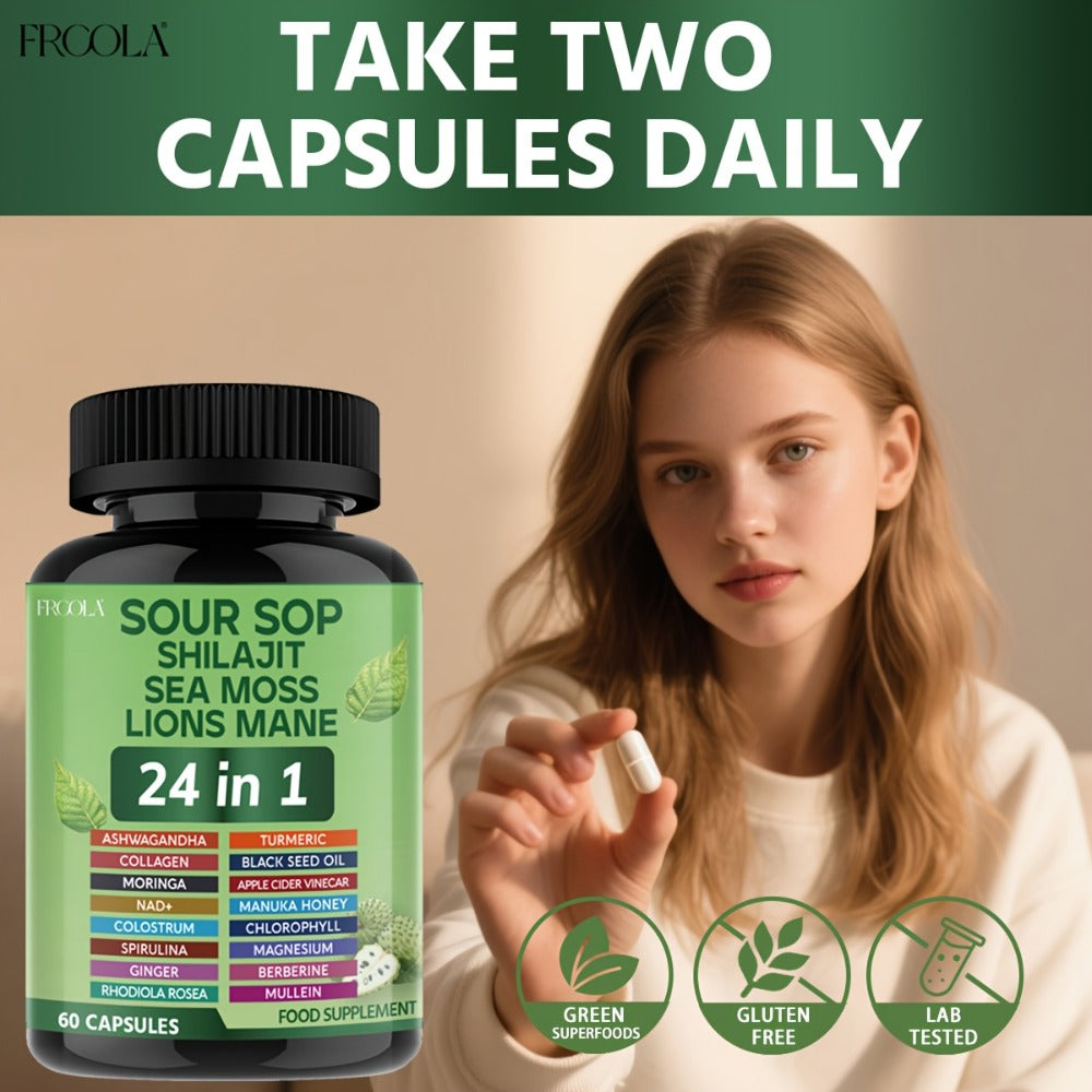 Soursop, Shilajit, Sea Moss, Lions Mane 24in 1Capsule - 2238mg Supports Intestinal Health, Provides Antioxidant Benefits for Man And Woman - 60 Count