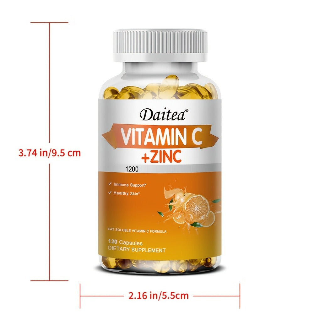 120 Softgels Vitamin C With Zinc Supplement | 1200mg Vitamin C, 20mg Zinc for Immune Support - DAITEA Brand
