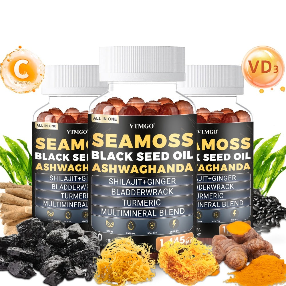 (1/2/3 Bottles)-Sea Moss&Shilajit, Black Seed Oil, Ashwagandha, Ginger, Gummies With Elderberry, Chlorophyll, Turmeric, Bladderwrack 1445Mg, Health, Natural, Antioxidant, Happiness, . 60 Gummies
