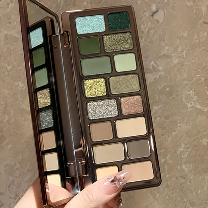 Eyeshadow Palette 16 Colors - Smoky Retro Matte Glitter Pearlescent Shades, Gray Green Earthy Tones with Highlight Blush, Compact Travel