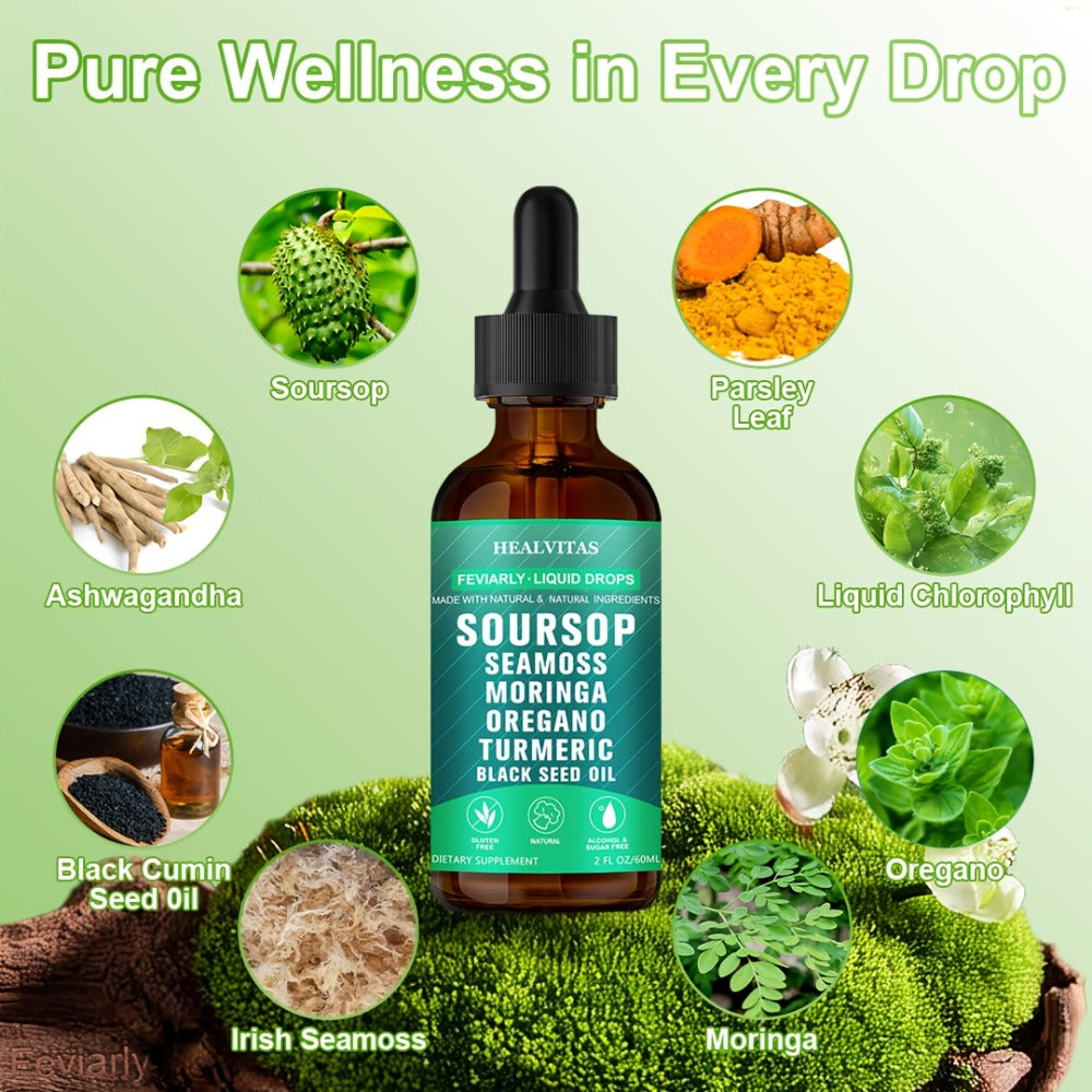 Soursop Liquid Drops | Soursop Bitters Liquid Drops 10in 1 with Sea Moss, Moringa, Turmeric, Black Seed Oil, Oregano, Ashwagandha | Herbal Extracts for Overall Health Supports