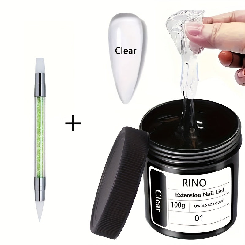 Clear 100G Non-Stick RINO Solid Extension for Nail Gel - 3D Sculpture And Rhinestone Adhesive, Easy Application, Odorless, Soak-Off LED Gel for Nail Art, with Alcohol-Free for Home Salon Use