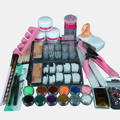 Acrylic Nail Powder Kit 12 Colors Glitter with Nail Plate Press Bottle Extension Paper Holder - Complete Beginner Nail Extension Tool Set for Salon & DIY