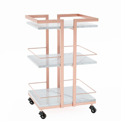 Salon Rolling Trolley Cart 3-Shelf with Lockable Wheels 130lbs per Shelf - Metal Frame Utility Cart for Esthetician, Spa, Tattoo, Massage & Manicure, Golden White Rose Gold Black