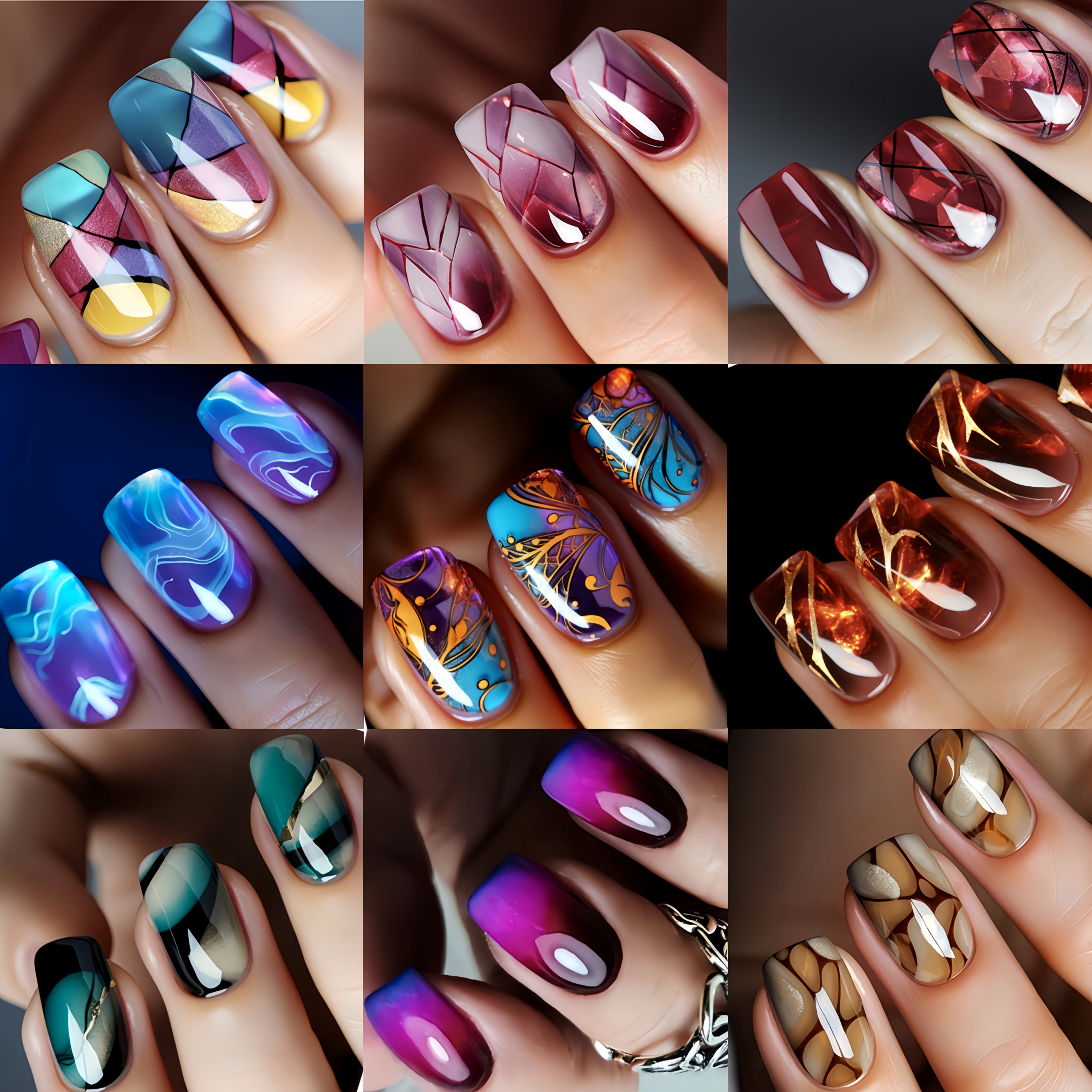 216pcs Press-On Nail Set - Medium Square, Glossy Finish with Striped & Gradient Designs in Brown, Blue, Purple - Reusable Fake Nails for Chic Manicure Mix and Match