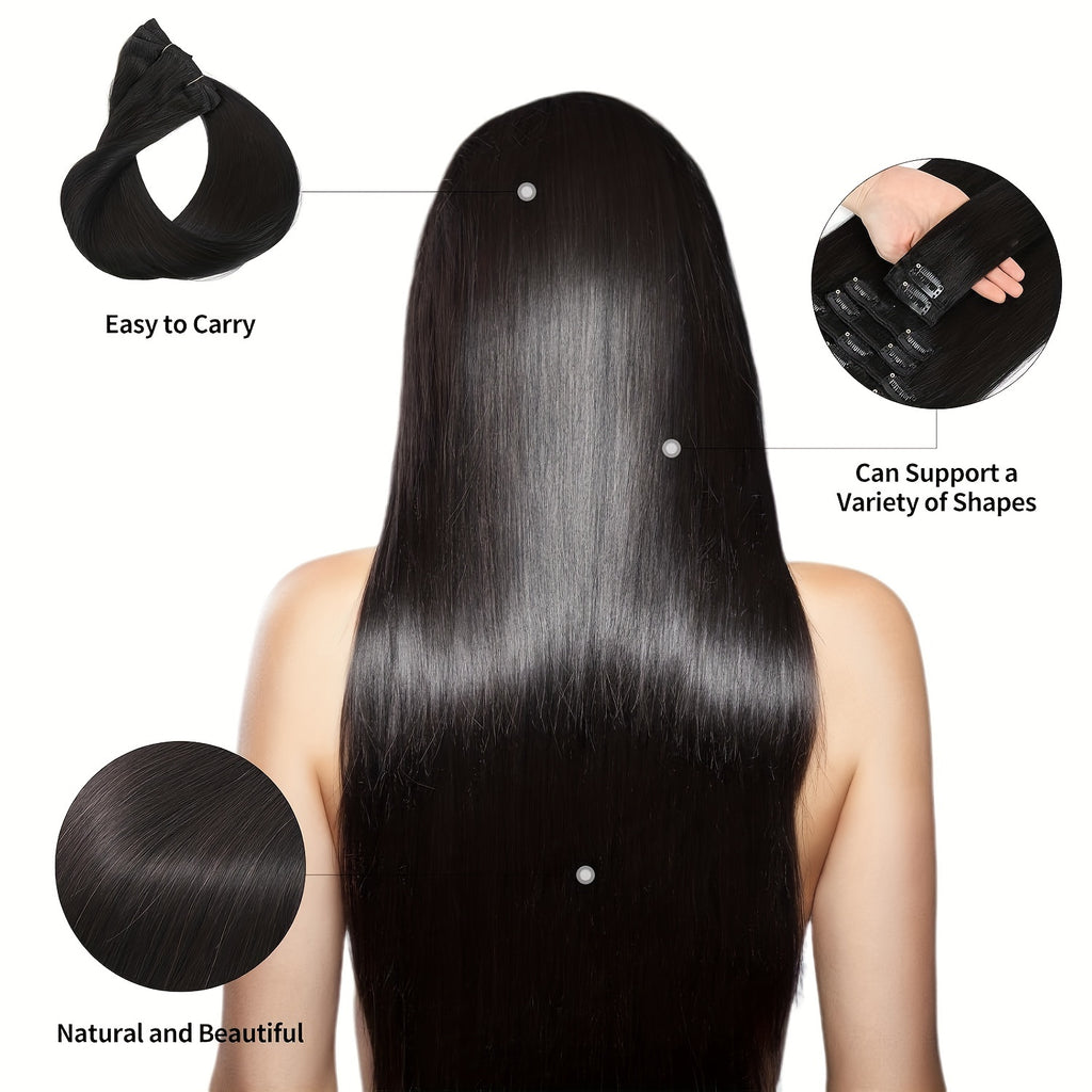 Straight Human Hair Clip In Hair Extensions for Unprocessed Full Head Brazilian Natural Black Color, 8/Pcs with 18Clips, 4.23 oz