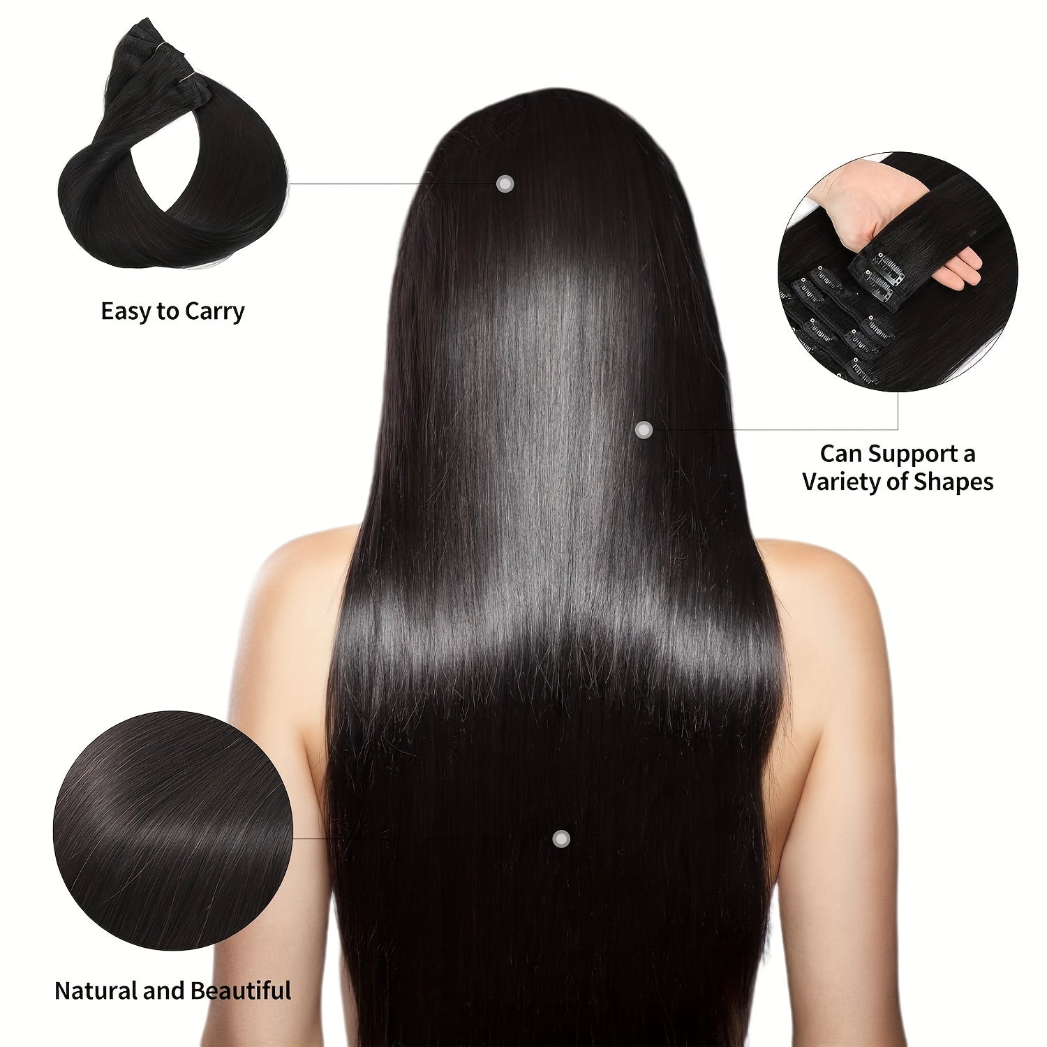 Straight Human Hair Clip In Hair Extensions for Unprocessed Full Head Brazilian Natural Black Color, 8/Pcs with 18Clips, 4.23 oz