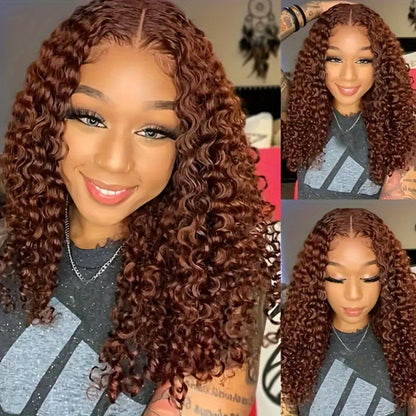Human Hair Bob Wig Curly 4x4 HD Lace Closure — Reddish Brown #33 Pre-Plucked Glueless Brazilian Short Bob with Baby Hair, 20 Inch Red Brown Color Wig for Women