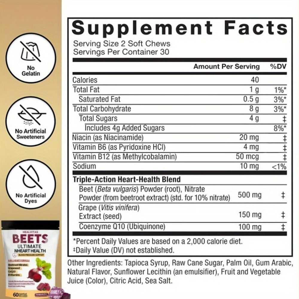 4 In 1 Super Beetroot Gummies Contains Coenzyme Q10, Beetroot Powder, Multi-Vitamins, Supports Healthy Blood Pressure, Heart Health, 60 Soft Chewable Gummies, Pomegranate Fruit Flavor - 30 Day Supply, Best Gift For Family And Friends!
