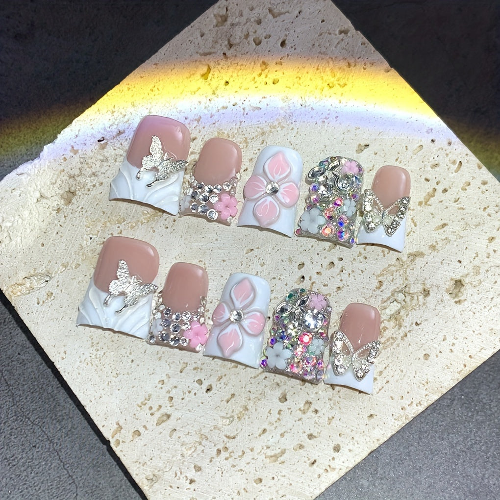 10pcs Short Duckbill White French Matching Golden Glitter Butterfly Hand-carved Flower Pinched Butterfly Flower Gorgeous Nail Art Pure Hand-worn Nail Artificial Nails Suitable for Wedding Party Daily Birthday Gifts