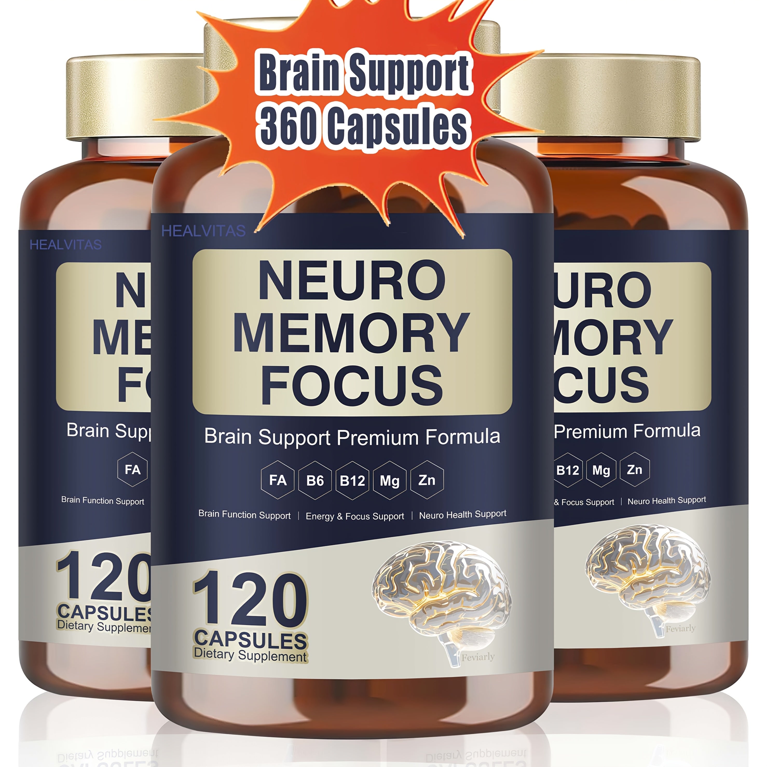 1/2/3pcs - Cognitive Brain Supplement for Memory & Focus-120 Capsules - Mental Clarity, Focus & Neuro Protection - Nootropic Blend with L-Tyrosine, Ginkgo Biloba, Bacopa Monnieri & Alpha GPC- Gluten Free - for Men & Women