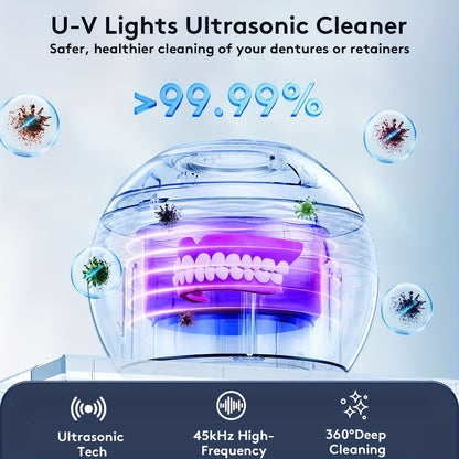 Ultrasonic Retainer Cleaner Machine 45kHz with UV Sanitizer Portable Dental Cleaner for Dentures Retainers Aligners Braces Mouth Guard Jewelry Cleaner 200ml Tank Blue Black White
