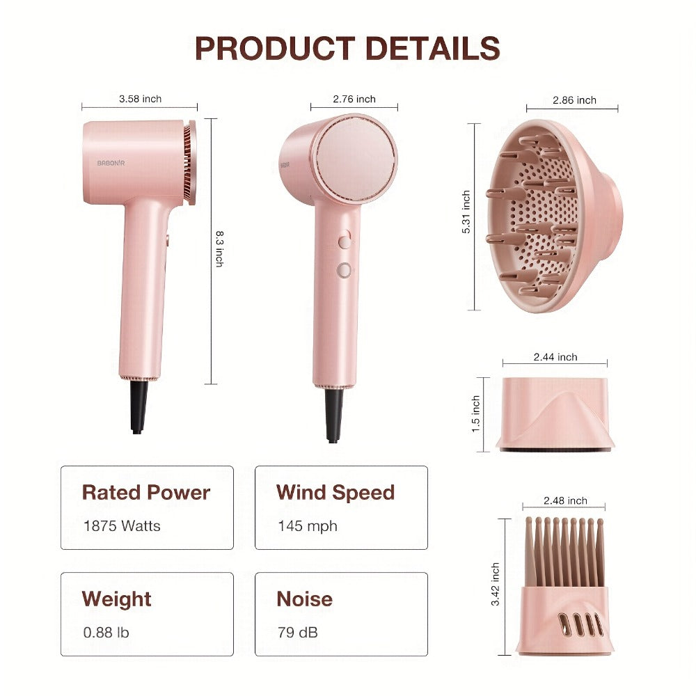 Quick-Drying Hair Dryer Featuring a Diffuser for Curly Hair, 1875W Professional Ionic Blow Dryer Suitable for Both Women And Men, Lightweight And Powerful Portable Hair Dryer Ideal for Travel, Perfect Gift for Friends And Partners
