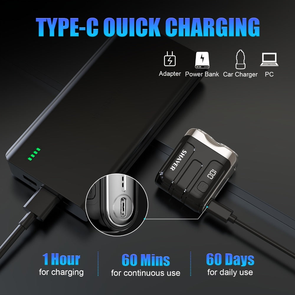 Electric Shaver for Men Mini Portable Dual Floating Blade with Digital Display USB Rechargeable Compact Travel Razor Clean Shave Classic Black Gift for Him Holiday Christmas