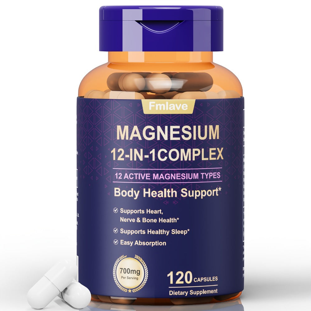 Fmlave 12 In 1 Magnesium Glycinate, 700MG Magnesium Complex WIth Citrate, Malate, Carbonate, Taurate, Oxide, Easily Absorbable Calm Magnesium Supplements Support Bone, Heart & Sleep Health, Relaxation, Gluten Free, 120 Capsules
