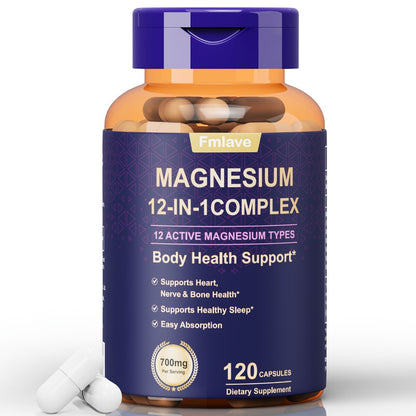 Magnesium Glycinate 700mg 12-in-1 Complex Capsules | Citrate Malate Taurate Carbonate & Oxide Blend | Bone Heart Sleep & Relaxation Support | Gluten-Free 120 Capsules 120-Day Supply