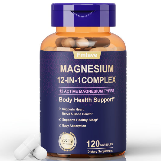 Fmlave 12 In 1 Magnesium Glycinate, 700MG Magnesium Complex WIth Citrate, Malate, Carbonate, Taurate, Oxide, Easily Absorbable Calm Magnesium Supplements Support Bone, Heart & Sleep Health, Relaxation, Gluten Free, 120 Capsules
