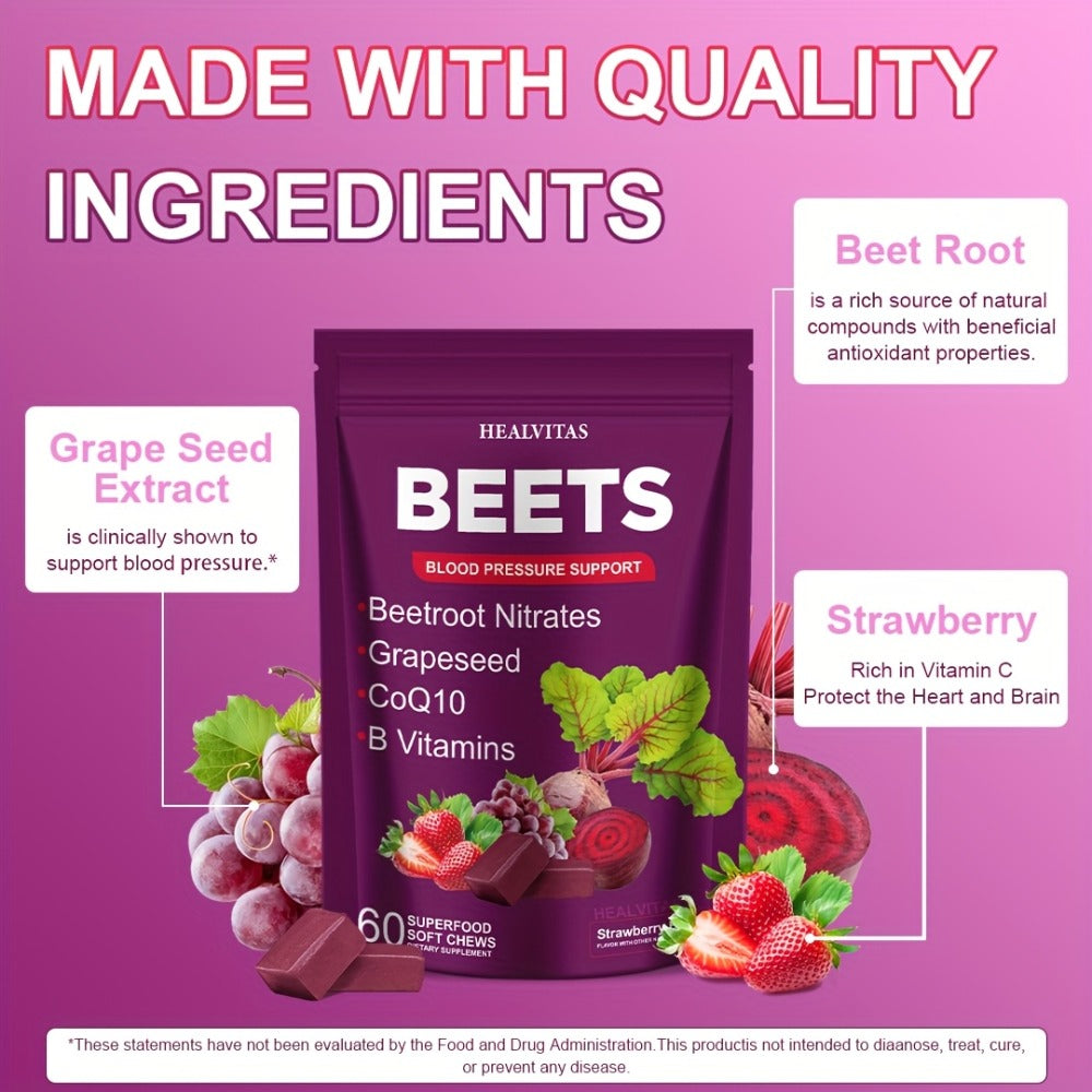 Super Beets All-in-One Beet Root Gummies & Chews - Beet Powder with Vitamins B12/B6, CoQ10 & Grapeseed - Heart Health Support, Blood Pressure Health Supplement, Blood Flow Booster - Chewable Vitamins for Blood Pressure Support 1pc/2pcs/3pcs