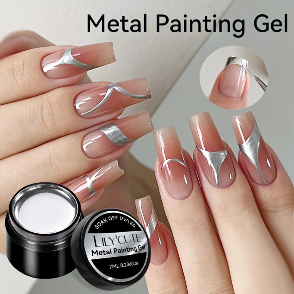 Nail Art Painting Gel Metal Effect 0.24oz with Brush Soak Off UV LED Mirror Metallic Silver Line Drawing Gel Polish for Flower Nail Art DIY Home Salon Manicure